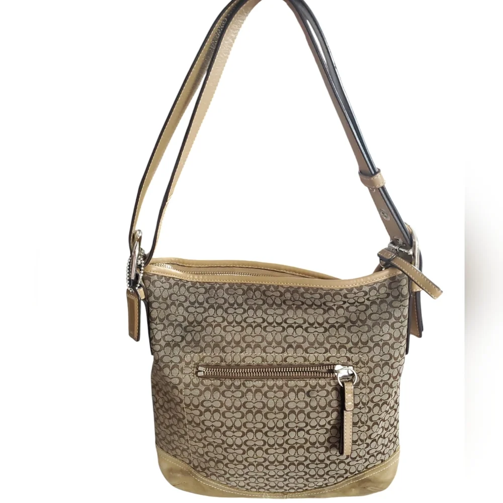 COACH East-West Jacquard Signature Suede Shoulder Bag Hobo Purse F11395 Handbag - Picture 1 of 16